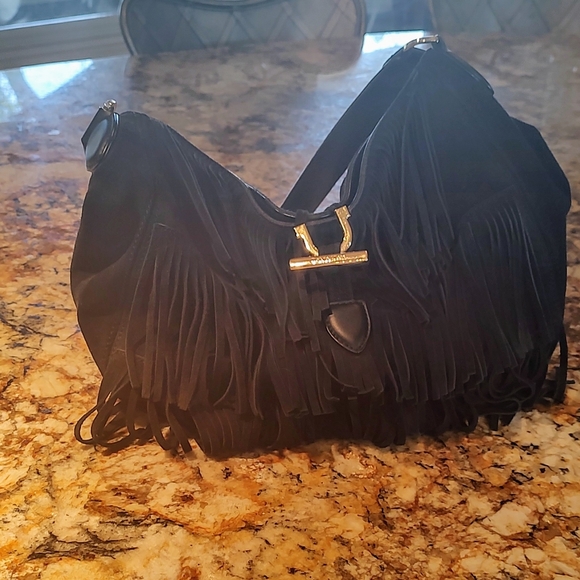 Calvin Klein black "leather" fringed shoulder bag preowned good cond inside out. - Picture 12 of 16